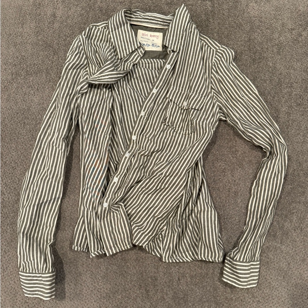 Olive green striped button down top